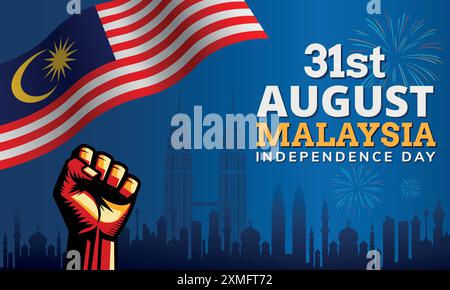 Malaysia Unabhängigkeitstag Hintergrund mit Revolution Hand und 3D wellige Flagge, kuala lumpur Stadt Skyline Vektor Illustration Stock Vektor