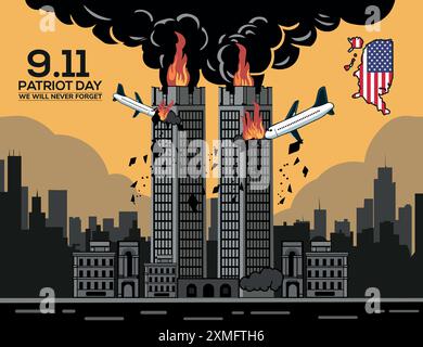 9-11 Angriff, USA Patriot Day Vektor Illustration, ein Flugzeug wird die Architektur abstürzen Stock Vektor