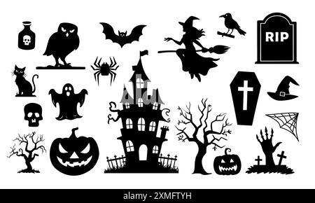 Kollektion von Halloween-Silhouetten. Spukhaus, gruseliger Baum, fliegende Hexe, Kürbisse, halloween-Geist, Eulen, Sargdeckel usw. Stock Vektor