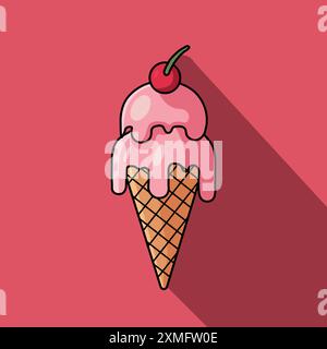 Eiskegel mit einer Kirsche drauf. Creme schmilzt, Eis Eis Eis Eis flach minimalistische Vektor Illustration Stock Vektor