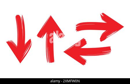 Satz handgezeichneter roter Pfeilpinsel. Pfeil mit Schleifpfeil malen Vektor-Illustration in anderer Richtung Stock Vektor