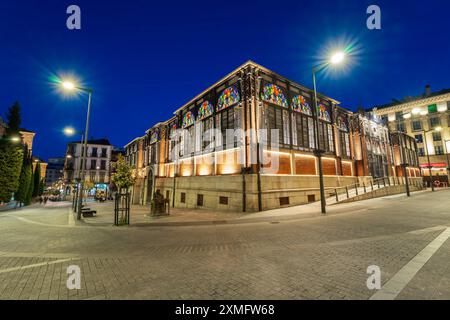 Panoramablick auf den Salamanca Central Market, eine berühmte Gastronomiehalle in Salamanca, Spanien mit Buntglasfenstern im Art déco-Stil. Stockfoto