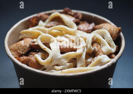 Genießen Sie eine köstliche Chicken Alfredo Pasta in einer praktischen Togo Bowl für eine köstliche Mahlzeit unterwegs Stockfoto