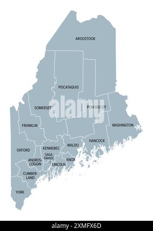 Maine County, graue politische Karte mit Grenzen und Namen. Bundesstaat in der New England Region der Vereinigten Staaten, unterteilt in 16 Countys. Stockfoto