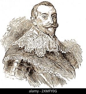 Ein altes Porträt von König Gustav Adolf von Schweden, auch bekannt als Gustav II. Adolf oder Gustav II. Adolf. (1594-1632). Er war ein bekannter Militärkommandeur und wird für den Aufstieg Schwedens an die Macht auf der internationalen Bühne zugeschrieben und wird für die Entwicklung der Parish Registration - Ett gammalt porträtt av Kung Gustavus Adolf av Sverige, även känd Som Gustav II Adolf eller Gustav II Adolf II. Adolf zugeschrieben. (1594-1632). Han var en känd militär befälhavare och är krediterad för Sveriges tillträde till makten på den internationella scenen och är krediterad för att utveckla församlingsregistrering - Stockfoto