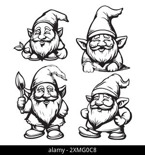 GNOME-Skizze. Niedliche Gartenzwerge skandinavische Zauberer, bärtiger Gärtner kleine Zwergfeen schwarze Vektor-Illustration, kommende nordische Elfenzwerge mit Stock Vektor