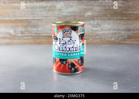 Los Angeles, Kalifornien, Vereinigte Staaten - 26.04.2021: Blick auf eine Dose Musco Family Olive Co. Frühe kalifornische extra große schwarze Oliven. Stockfoto