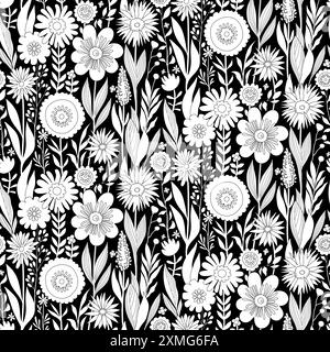 Half Drop Floral nahtlose Muster der Fantasy Flower Field Drawing - schwarze dünne Linie auf einer weißen Silhouette auf schwarzem Hintergrund. Tapetendesign für Textilien, Papiere, Drucke, Mode, Verpackungen. Stock Vektor