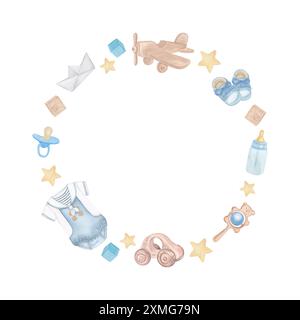 Bezaubernder Aquarellrahmen mit Kinderspielzeug: Holzflugzeug, Babyschuhe, Schnuller, Flasche, Rassel, Blöcke und Sterne. Perfekt für Babyduschen Stockfoto