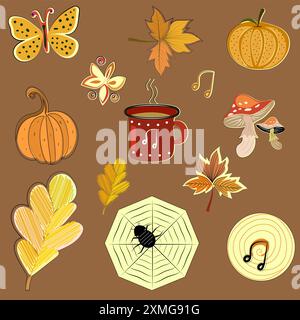 Dieses bezaubernde Bild fängt das Wesen des Herbstes mit einer Sammlung skurriler Illustrationen auf einem warmen braunen Hintergrund ein. Zentral zum SC Stockfoto