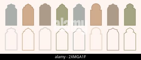 Alte islamische Fensterform im orientalischen Stil. Arabische Rahmen oder arabische Moscheebögen in natürlichen Pastellfarben. Set aus geometrischen Designelementen der muslimischen Architektur oder marokkanischen Türen. EID mubarak Gates. Stock Vektor