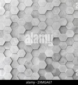 Grauer Wandhintergrund mit sechseckigen 3D-Fliesen, die in einem geometrischen Rautenmuster angeordnet sind. Die glänzende und glatte Oberfläche sorgt für einen modernen, minimalistischen Look Stockfoto