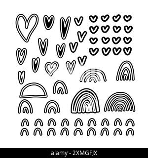 Hintergrund für Vektorsatz. Batikgrafik für Geometriegruppen. Regenbogen, Herzen. Handgezeichnetes Kritzelgemälde. Kontur der Konstruktionsdarstellung. Hintergrund-Vektor für Kunst. Schwarz Stock Vektor
