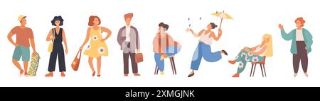 Eine Reihe von stilisierten Charakteren, die eine vielfältige Gruppe von Menschen darstellen, verschiedene Posen, Outfits und Ausdrücke zeigen und die Vielfalt und die Illustration von Persönlichkeitsvektoren hervorheben. Stock Vektor