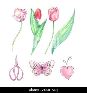 Aquarelltulip Clip Art. Romantische Frühlingsblumen. Cartoon Schmetterling. Handgezeichnete Abbildung Stockfoto