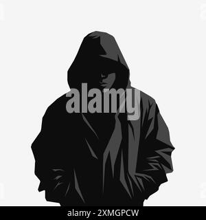 Mann im Hoodie. Logo-Design. Vektor-Maskottchen-Design. Schwarz-weiß-Symbol Stock Vektor