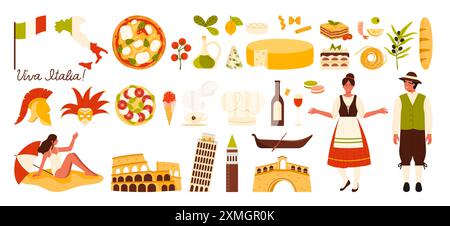 Reise nach Italien Set. Italienische Menschen in traditionellen Trachten und berühmten touristischen architektonischen Wahrzeichen, Essen und Wein, Gondel und Maske von Venedig, Karte und Flagge von Italien Cartoon Vektor Illustration Stock Vektor