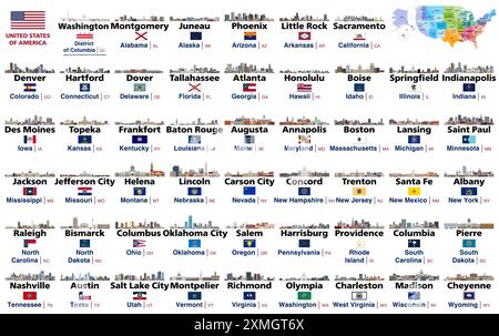 Die Skylines der Hauptstädte der Vereinigten staaten. Karte der Vereinigten Staaten mit Regionen, Divisionen und Hauptstädten. Alle Flaggen der U Stock Vektor