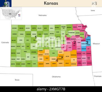 Kansas State Map mit Countys und farbigen Kongressbezirken aufgrund der US-Volkszählung von 2020, die seit 20 Jahren gültig ist Stock Vektor