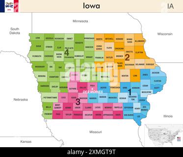 Iowa State Map mit Countys und farbigen Kongressbezirken aufgrund der US-Volkszählung von 2020, die seit 2023 gültig ist Stock Vektor