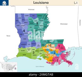 Louisiana State Map mit Countys und farbigen Kongressbezirken aufgrund der US-Volkszählung von 2020, die seitdem gültig ist Stock Vektor