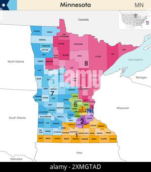 Minnesota State Map mit Countys Grenzen und farbigen Kongressbezirken Grenzen aufgrund der US-Volkszählung von 2020 und die seitdem gültig ist Stock Vektor