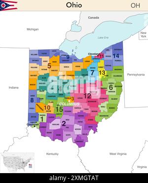 Ohio State Map mit Countys und farbigen Kongressbezirken aufgrund der US-Volkszählung von 2020, die seit 2023 gültig ist Stock Vektor