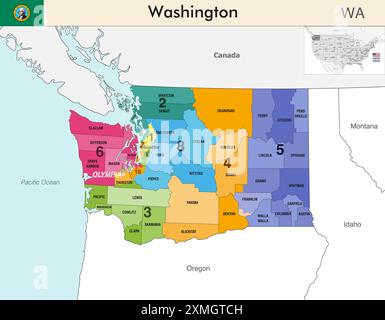 Washington State Map mit Countys Grenzen und farbigen Kongressbezirken Grenzen aufgrund der US-Volkszählung von 2020, die gültig ist Stock Vektor