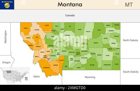 Montana State Map mit Countys und farbigen Kongressbezirken aufgrund der US-Volkszählung von 2020, die seit dem 2. Februar gültig ist Stock Vektor