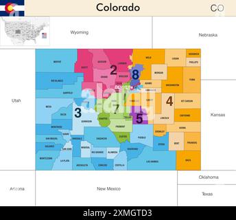 Colorado State Map mit Countys Grenzen und farbigen Kongressbezirken, die aufgrund der US-Volkszählung von 2020 gültig sind Stock Vektor