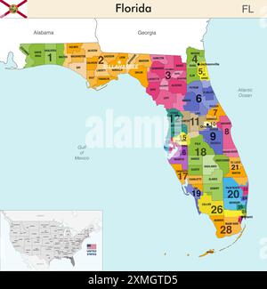 Florida State Map mit Countys Grenzen und farbigen Kongressbezirken Grenzen aufgrund der US-Volkszählung von 2020 und gültig seit 2 Stock Vektor