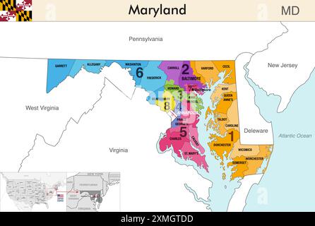 Maryland State Map mit Countys Grenzen und farbigen Kongressbezirken Grenzen aufgrund der US-Volkszählung von 2020 und die seitdem gültig ist Stock Vektor