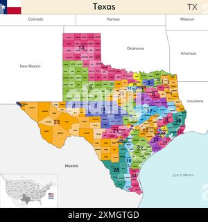 Texas State Map mit Countys Grenzen und farbigen Kongressbezirken, die aufgrund der US-Volkszählung von 2020 und seit 202 gültig sind Stock Vektor