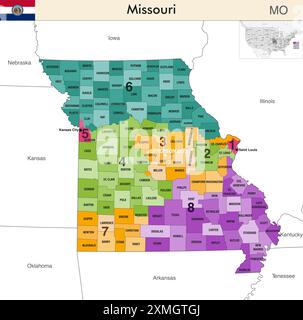 Missouri State Map mit Countys Grenzen und farbigen Kongressbezirken, die aufgrund der US-Volkszählung von 2020 gültig sind Stock Vektor