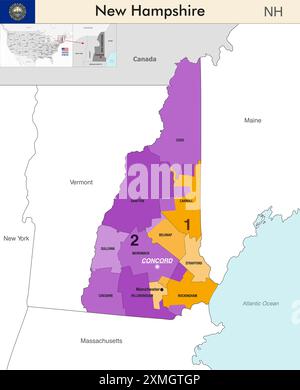 New Hampshire State Map mit Countys Grenzen und farbigen Kongressbezirken Grenzen aufgrund der US-Volkszählung von 2020 und die gültig ist Stock Vektor