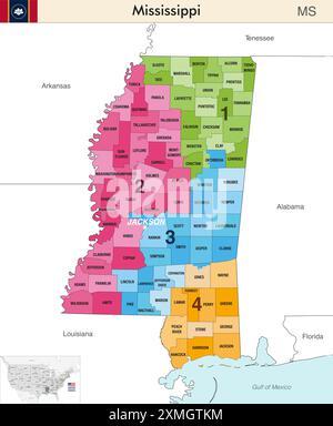 Mississippi State Map mit Countys Grenzen und farbigen Kongressbezirken Grenzen aufgrund der US-Volkszählung von 2020 und die gültig Sünde ist Stock Vektor
