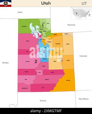 Utah State Map mit Countys und farbigen Kongressbezirken aufgrund der US-Volkszählung von 2020, die seit 2023 gültig ist Stock Vektor