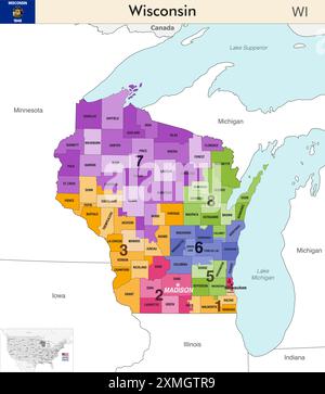 Wisconsin State Map mit Countys Grenzen und farbigen Kongressbezirken Grenzen aufgrund der US-Volkszählung von 2020 und die seitdem gültig ist Stock Vektor