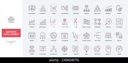 Analyse von Geschäftsdaten, Trendanalysen mit Cloud-Services und KI, verschiedene Optionen und Einstellungssymbole. In Berichten und Diagrammen werden dünne schwarze und rote Umrisssymbole Vektorillustration untersucht Stock Vektor