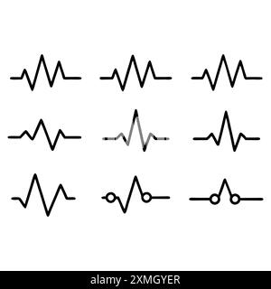 Mit schwarzen Heartbeat-Linien-Vektorsymbolen festgelegt. Puls und Rhythmusherz. Das Elektrokardiogramm des Herzens Stock Vektor