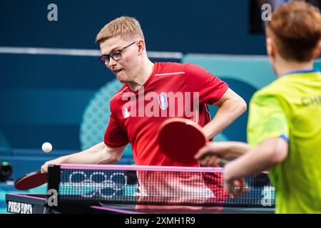 Paris, Frankreich. Juli 2024. Alexis Lebrun (FRA), Mixed Doppel Achtelfinale, Tischtennis, während der Olympischen Spiele Paris 2024 am 27. Juli 2024 in der South Paris Arena 4 in Paris, Frankreich - Foto Baptiste Autissier/Panorama/DPPI Media Credit: DPPI Media/Alamy Live News Stockfoto