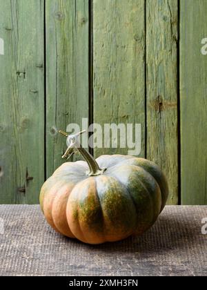 Muscade de Provence Kürbis auf einem alten Holztisch mit grünem Hintergrund und Kopierraum Stockfoto