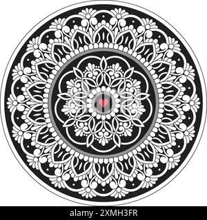 Dekoratives Schwarz-weiß-Mandala-Design mit Blumenmuster und kleinem rotem Herz in der Mitte. Verzierung Vektor-Illustration. Stock Vektor