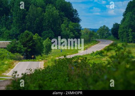 Das Bild zeigt eine gewundene Landstraße, die an einem hellen, sonnigen Tag durch einen üppigen grünen Wald führt. Die Straße ist von dichtem Laub und Bäumen umgeben Stockfoto