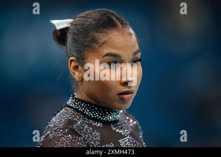 PARIS, FRANKREICH. Juli 2024. Jordan Chiles vom Team United States blickt auf die künstlerische Turn-Qualifikation der Frauen am zweiten Tag der Olympischen Spiele 2024 in der Bercy Arena in Paris, Frankreich. Quelle: Craig Mercer/Alamy Live News Stockfoto