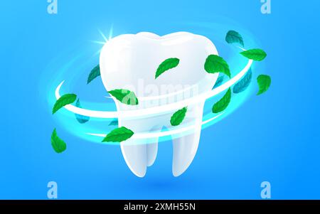 3D realistischer Vektor gesunder glühender Zahn. Leichter Wirbel mit Blättern um den weißen Zahn. Zahnpflege, Schutz und Aufhellung. Vektorabbildung Stock Vektor