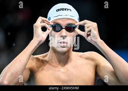 Paris, Frankreich. Juli 2024. David Popovici aus Rumänien während der Aufwärmphase der Olympischen Spiele 2024 in der La Defense Arena in Paris (Frankreich), 28. Juli 2024. Quelle: Insidefoto di andrea staccioli/Alamy Live News Stockfoto