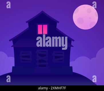 Purpurroter Nachthintergrund mit Spukhaus und Vollmond. Vektorabbildung. Stock Vektor
