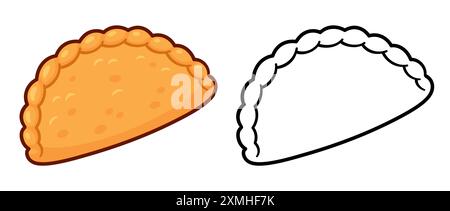 Frittierte Empanada, traditioneller südamerikanischer Fleischkuchen. Farbzeichnung und Symbol für Schwarzweiß-Linien. Cartoon-Kritzelei, Vektor-Clipart-Illustration. Stock Vektor