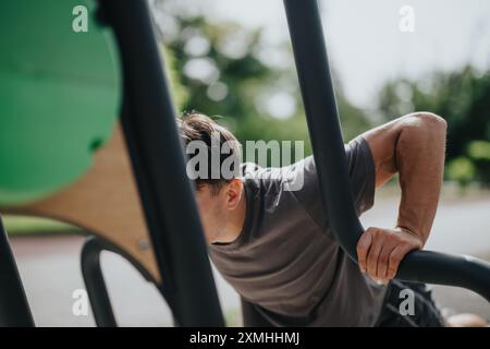 Ein Mann, der im Freien trainieren und in einem Park ein Bad mit Fitnessgeräten durchführt Stockfoto